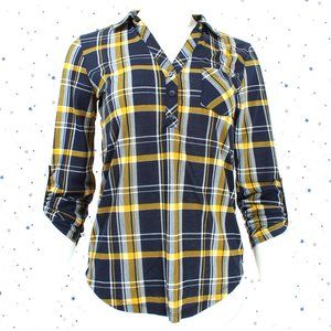 Navy / Mustard Henley Knit Plaid Top Pre-rolled 3/4 Sleeve